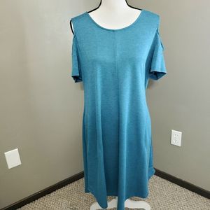Soft Surroundings Dress Womens Medium Blue Knit Cold Shoulder Pockets Midi